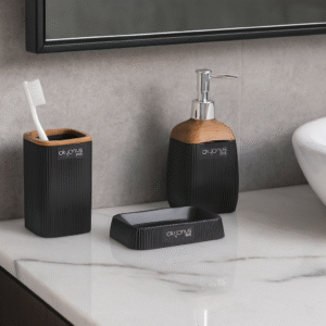 Zestaw Łazienkowy 5-elementowy LOFT – Czarny z Drewnem | Nowoczesny Design