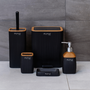 Zestaw Łazienkowy 5-elementowy LOFT – Czarny z Drewnem | Nowoczesny Design