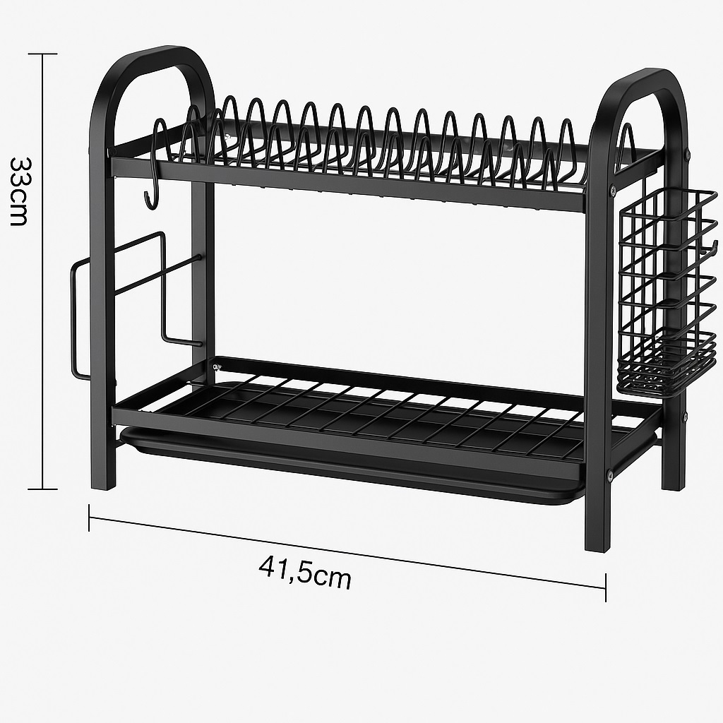 Suszarka do naczyń dwupoziomowa z ociekaczem, pojemnikiem na sztućce i uchwytem na deskę - obrazek 2