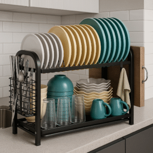 Suszarka do naczyń dwupoziomowa z ociekaczem, pojemnikiem na sztućce i uchwytem na deskę