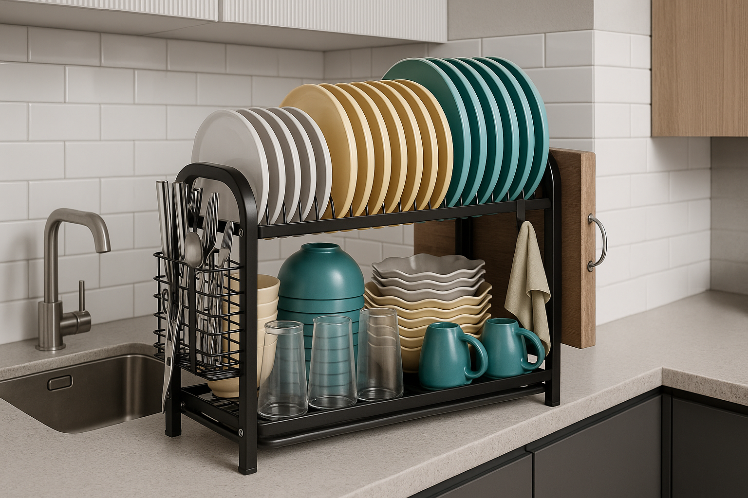 Suszarka do naczyń dwupoziomowa z ociekaczem, pojemnikiem na sztućce i uchwytem na deskę